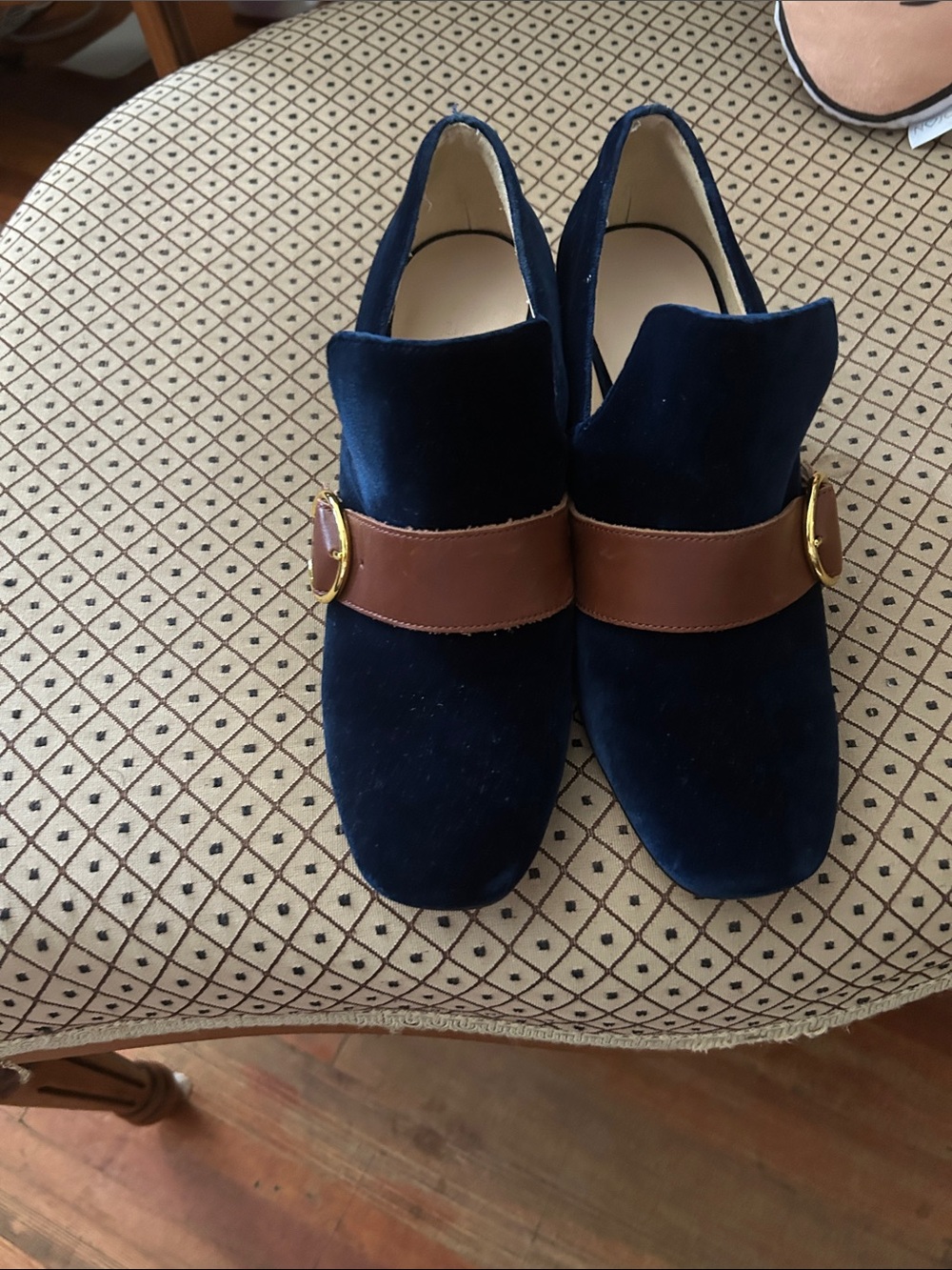 Nine West Navy Velvet Slip-On Loafers with Brown Strap